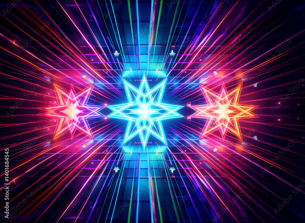 Fototapeta premium Abstract geometric design featuring vibrant neon lights. Bright lines radiate from a central star shape, creating a tunnel effect against a grid backdrop.