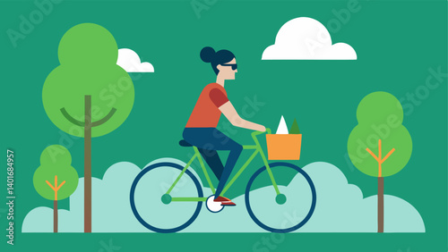 Solo Biker A lone cyclist pedaling down a treelined street wearing casual clothing and sunglasses. The bikes basket is filled with reusable cloth bags labeled with Shop Sustainably