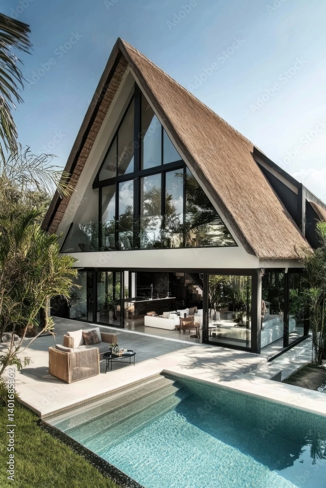 Fototapeta premium This contemporary villa features a stunning thatched roof paired with expansive glass walls, offering breathtaking views of a tranquil pool set against a sunny backdrop in a lush tropical paradise