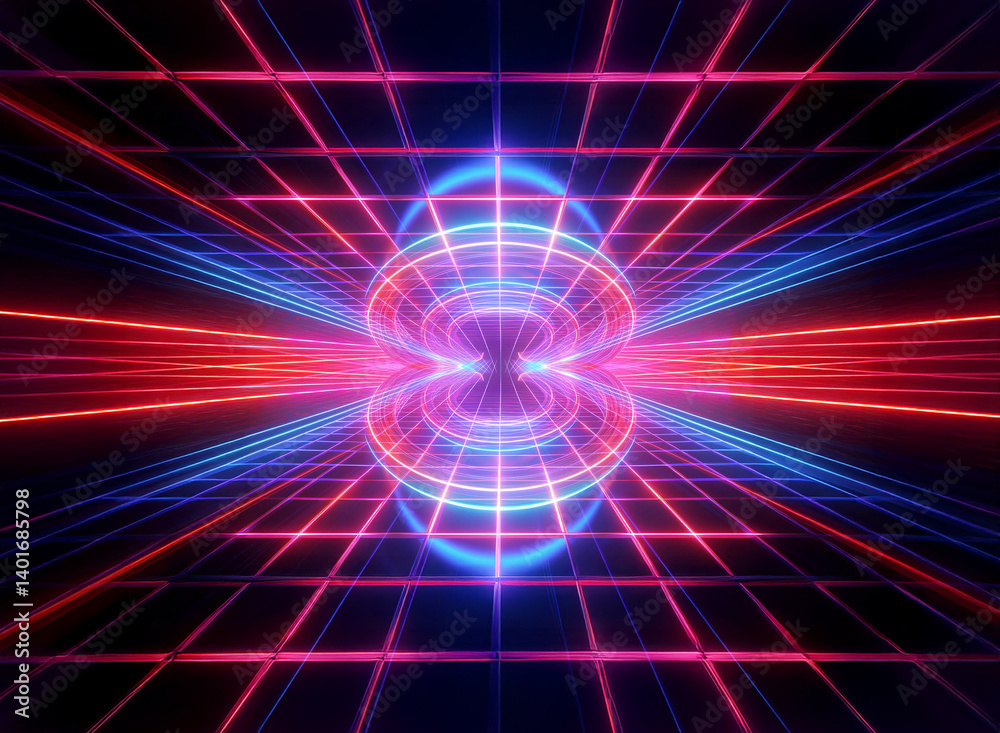 Abstract neon grid with glowing red and blue lines converging towards a luminous oval shape in the center. Futuristic and dynamic visual.