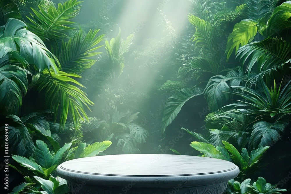 jungle scene with marble pedestal natural display lush green foliage morning light minimal product presentation jungle scene with marble pedestal natural display lush green foliage morning light minimal product presentation