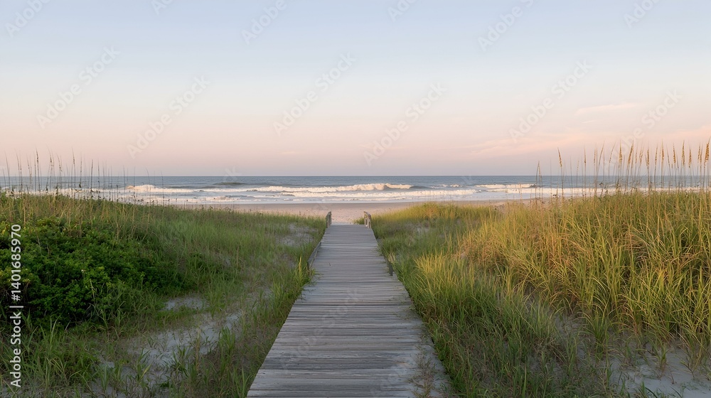 Fototapeta premium Serene beach boardwalk leading to ocean at sunset. Peaceful coastal scene with seagrass.