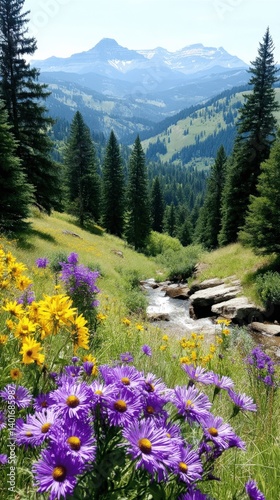 Beautiful Scenic Mountain Landscape with Purple and Yellow Wildflowers Blooming by River under Clear Sky Majestic Pine Trees and Green Natural Valley View Outdoors