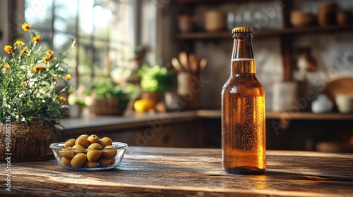 Refreshing beer next to a bowl of olives in a sunlit kitchen with rustic decor