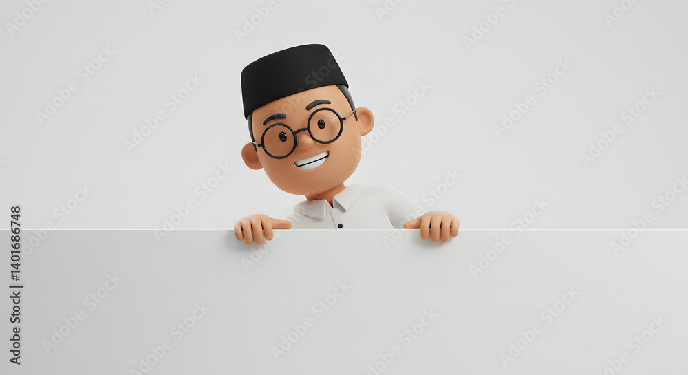 Smiling Cartoon Character with a Black Hat Peeking Over a White Board Ready for Message or Announcement Smiling Cartoon Character with a Black Hat Peeking Over a White Board Ready for Message or Announcement