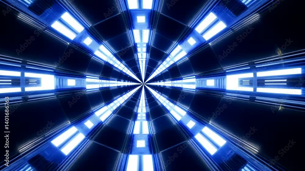 Futuristic tunnel with bright, symmetrical blue and white lights leading to a central point