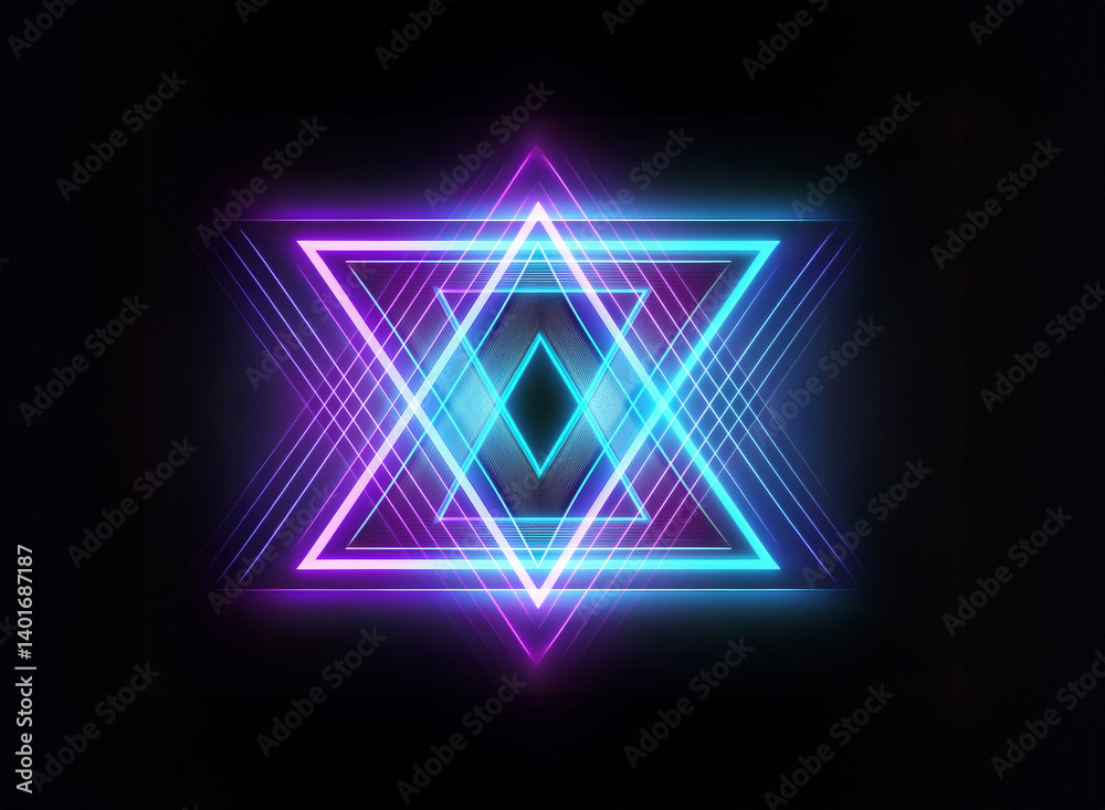 Neon geometric artwork featuring layered triangles with vibrant blue and purple neon outlines, creating a luminous abstract design on a black background. Neon geometric artwork featuring layered triangles with vibrant blue and purple neon outlines, creating a luminous abstract design on a black background.