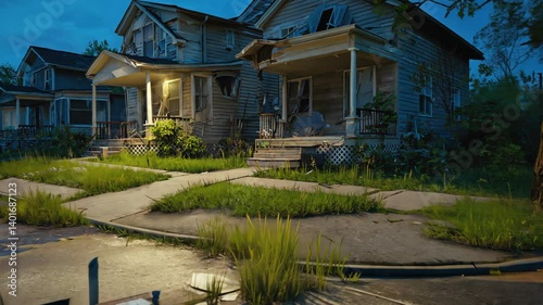 Dilapidated old houses stand overgrown in a neighborhood at dusk, showing signs of decay and disrepair, with broken windows and overgrown lawns.
