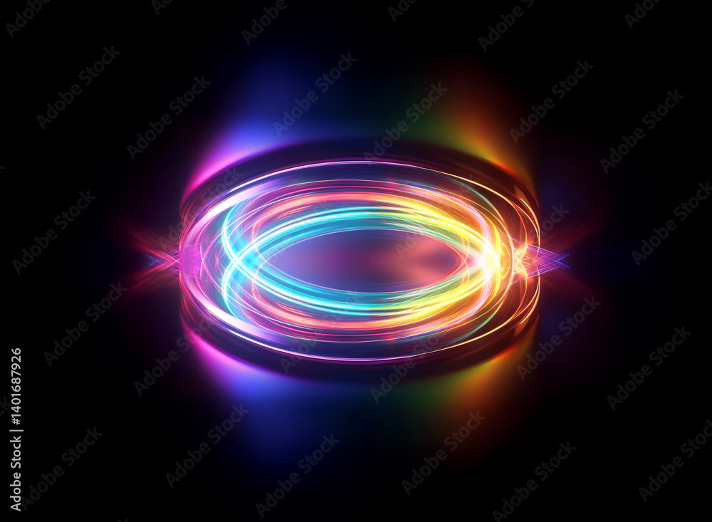 Obraz premium A luminous ring of rainbow hues radiates against a stark black backdrop. Abstract light trails curve and swirl to form an oval shape, emitting a vibrant and colorful glow.