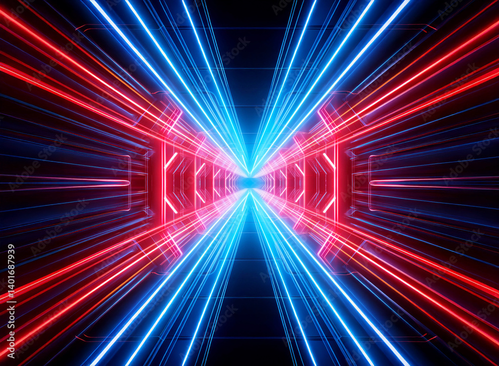 Fototapeta premium Abstract neon tunnel with converging red and blue light trails creates a futuristic and dimensional perspective in a dark setting.