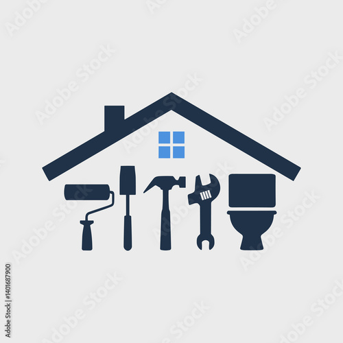 minimalist logo for home improvement business. dark blue style house silhouette with roof forming the base of the design. Inside the roof are four construction and home improvement tools
