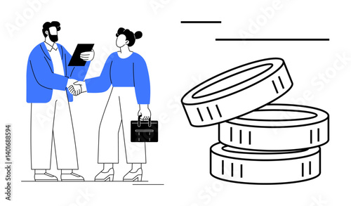 Two people shaking hands in business attire with a briefcase and clipboard near stacked coins. Ideal for finance, partnership, deal, success, investment, collaboration, teamwork. Flat simple metaphor