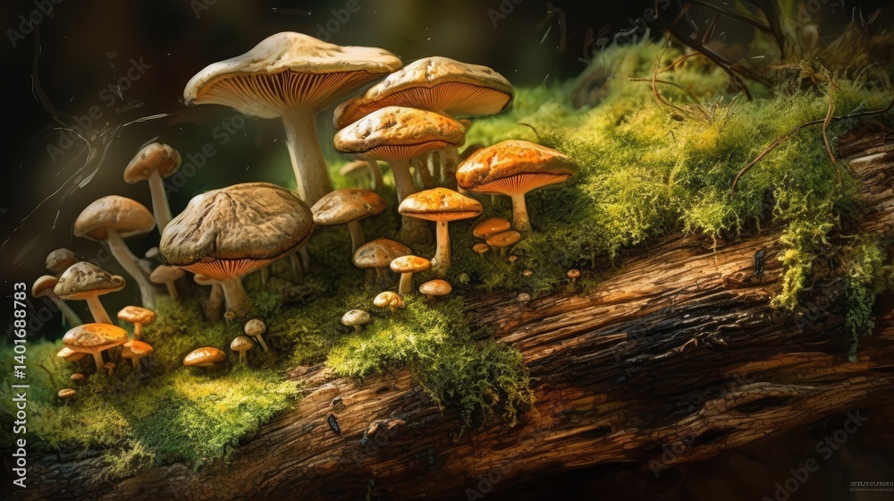 Fototapeta premium A bunch of mushrooms are on a log