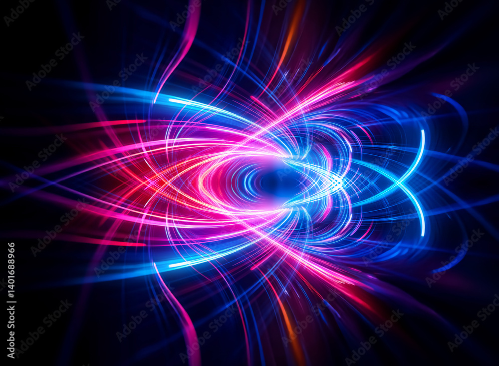 Obraz premium Abstract image with vibrant pink and blue light streaks converging towards the center, creating a dynamic and energetic composition against a dark backdrop.