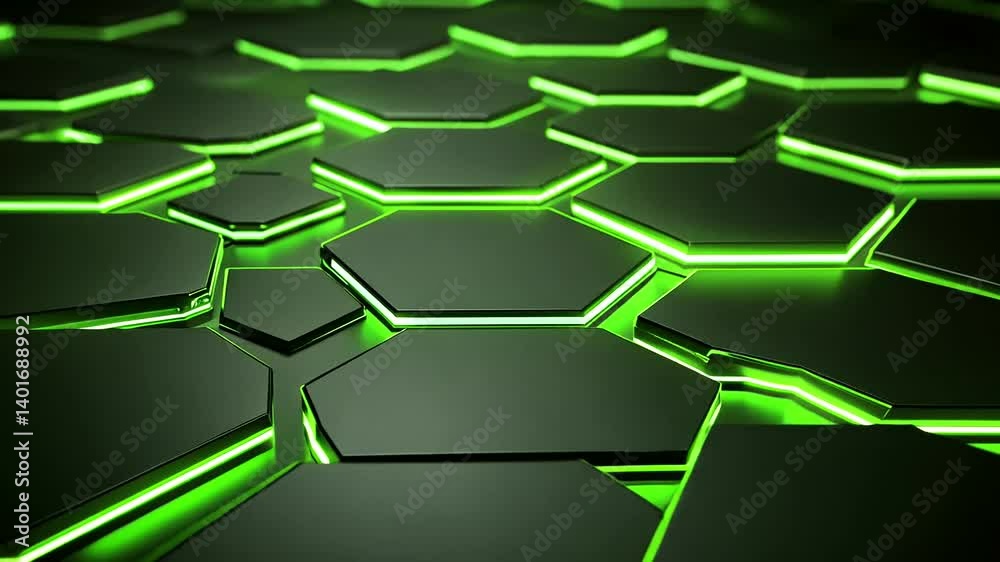 Geometric hexagons with glowing green light, creating a tech-like and modern patterned surface
