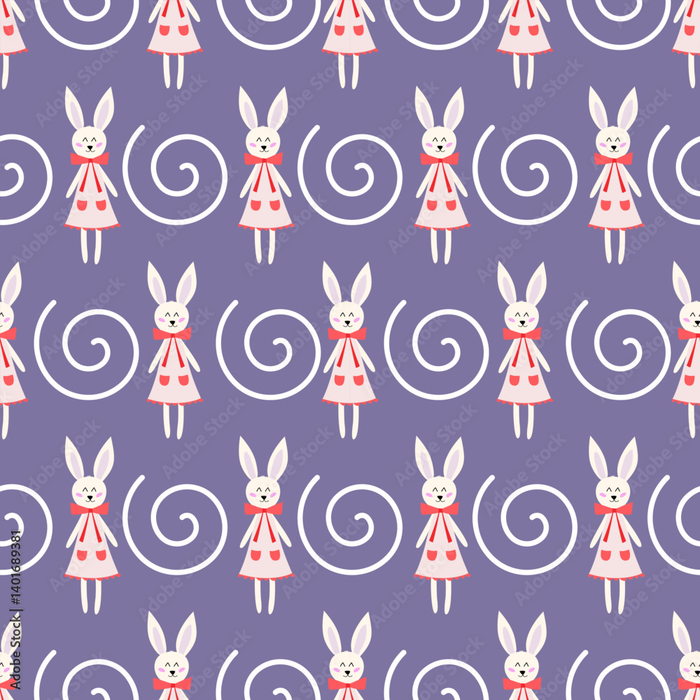 Whimsical Bunny & Swirl Repeat Pattern: Cute Rabbits in Pink Dresses with White Spirals on Lavender Background, Playful Textile Design for Children & Spring Whimsical Bunny & Swirl Repeat Pattern: Cute Rabbits in Pink Dresses with White Spirals on Lavender Background, Playful Textile Design for Children & Spring
