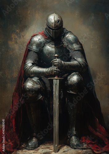 Female Knight Warrior in Decorative Armor Kneeling with Sword and Castle Background