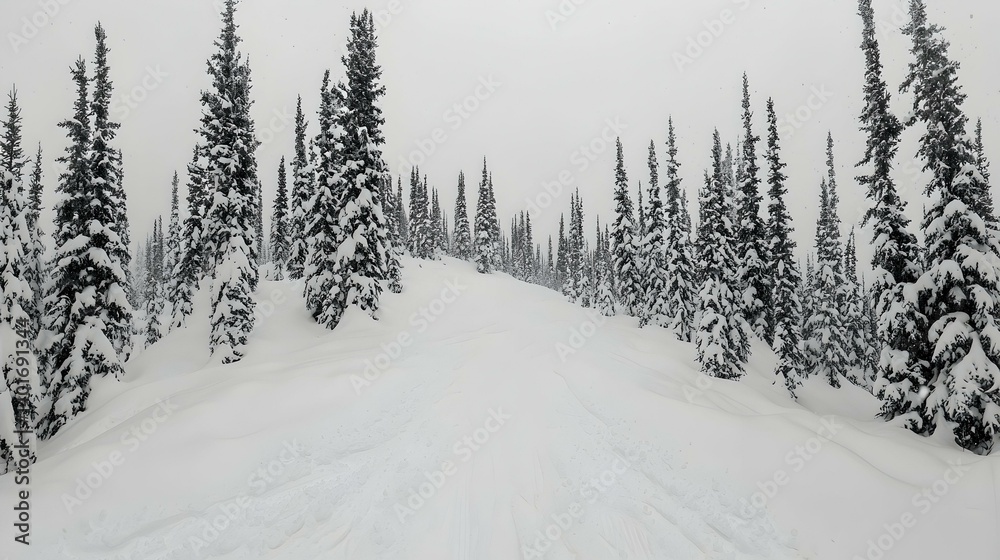 Naklejka premium Snow-covered path winds through a dense forest of evergreen trees on a snowy day. A serene winter landscape.