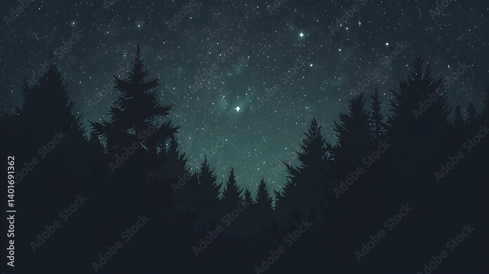 Naklejka premium Starry Night Forest. Silhouette of pine trees against a night sky full of stars. Perfect for backgrounds, websites, and design projects.