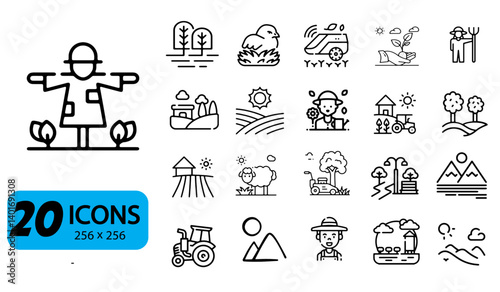 Set of 20 Line Art countryside and landscape Icons