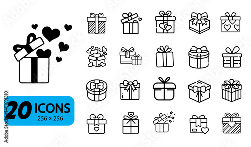 Set of 20 geft box Icons, Outline Style, 256x256 Pixels