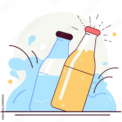 Refreshing shake bottles splashing in water background  