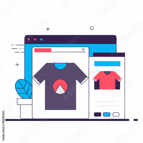 T-shirt design displayed on screens with plant decoration  