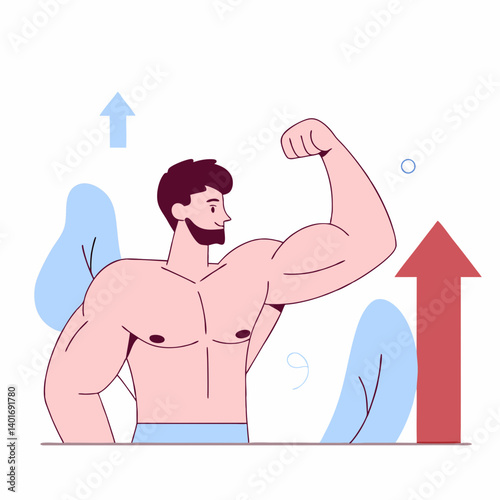 Muscular man flexing bicep showing strength against abstract background  