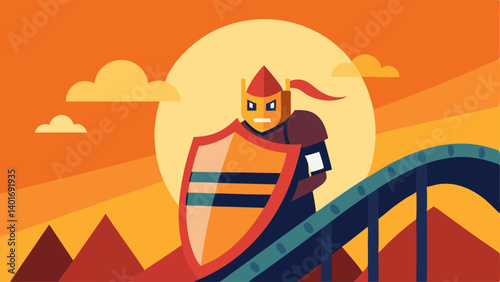 Knights Shield Raised In this illustration the knight is gripping the safety bar of the roller coaster while holding his shield up as if preparing for battle. The coaster is