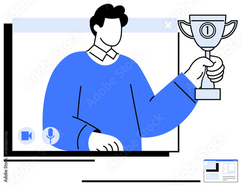 Person holding first-place trophy on video call screen, representing online recognition, achievement, and teamwork. Ideal for success, awards, remote work, engagement, celebration motivation flat