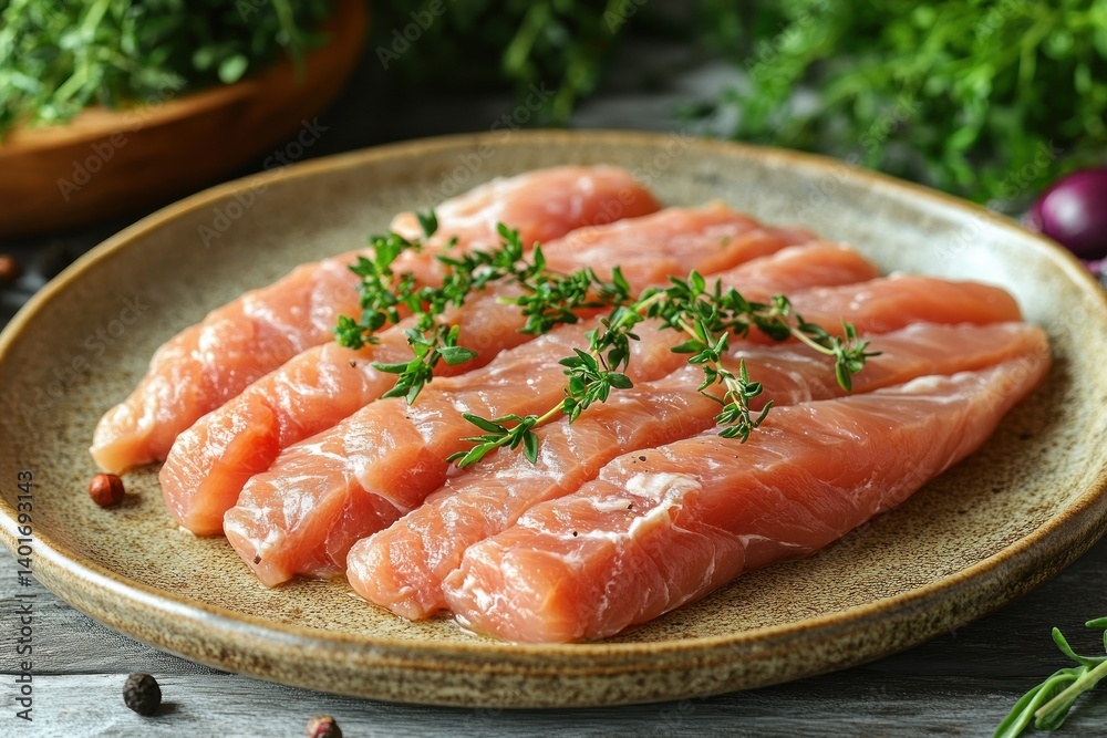 Fresh Rustic Chicken Fillets Garnished with Herbs