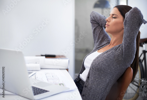 Obraz na płótnie Sleeping, eyes closed and office woman relax for wellness, rest or stress relief after architecture project. Calm mindset, zen and tired architect with mental health break, easy and done with job w salonie