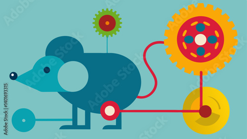 Overcomplicated Design Show an intricate birdseye view of the mouse with layers of wheels gears and pulleys in a chaotic arrangement. Use bright eyecatching colors to highlight