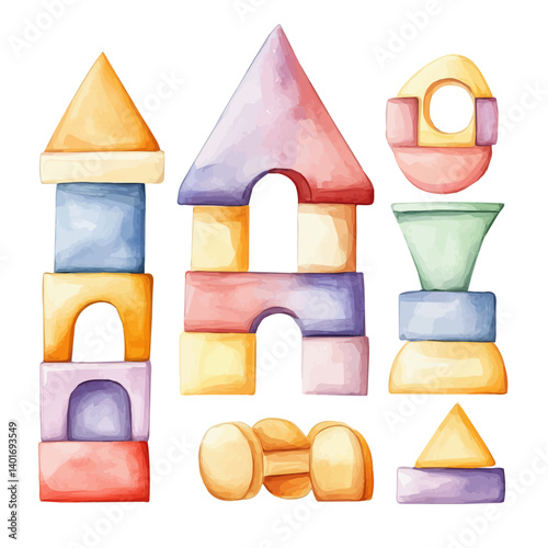 watercolor of Toy Construction Set With Blocks, vector, isolated on a white background.