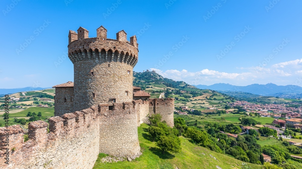 Ancient Stone Castle Tower and Wall Overlooking Verdant Valley Ancient Stone Castle Tower and Wall Overlooking Verdant Valley