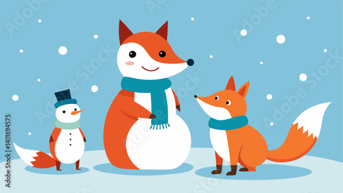 Final Touches A scene where two foxes stand proudly next to their almostfinished snowman. One fox is adjusting a hat on the snowmans head while the other sprinkles some twigs to