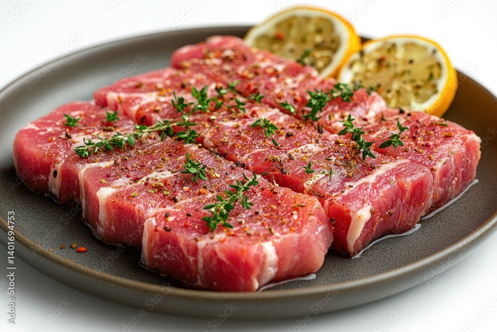 raw pork chops with spices and herbs photographic display raw pork chops with spices and herbs photographic display