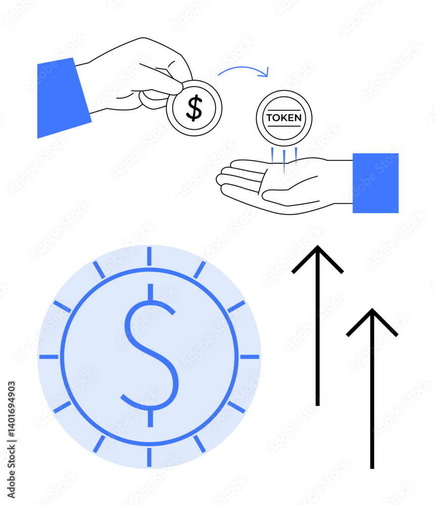 Hand exchanging dollar coin for digital token, large dollar coin with rising arrows. Ideal for finance, cryptocurrency, digital economy, investments, blockchain, growth payment system. Minimalist Hand exchanging dollar coin for digital token, large dollar coin with rising arrows. Ideal for finance, cryptocurrency, digital economy, investments, blockchain, growth payment system. Minimalist