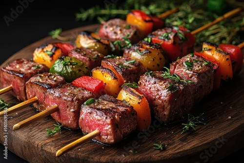 raw meat skewers preparation for grilling barbecue turkey chicken beef vegetables