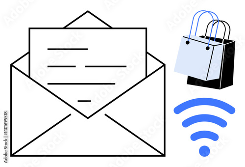 Envelope containing a letter, blue and black shopping bags, and wireless signal. Ideal for digital communication, e-commerce, online shopping, connectivity, technology, messaging and internet