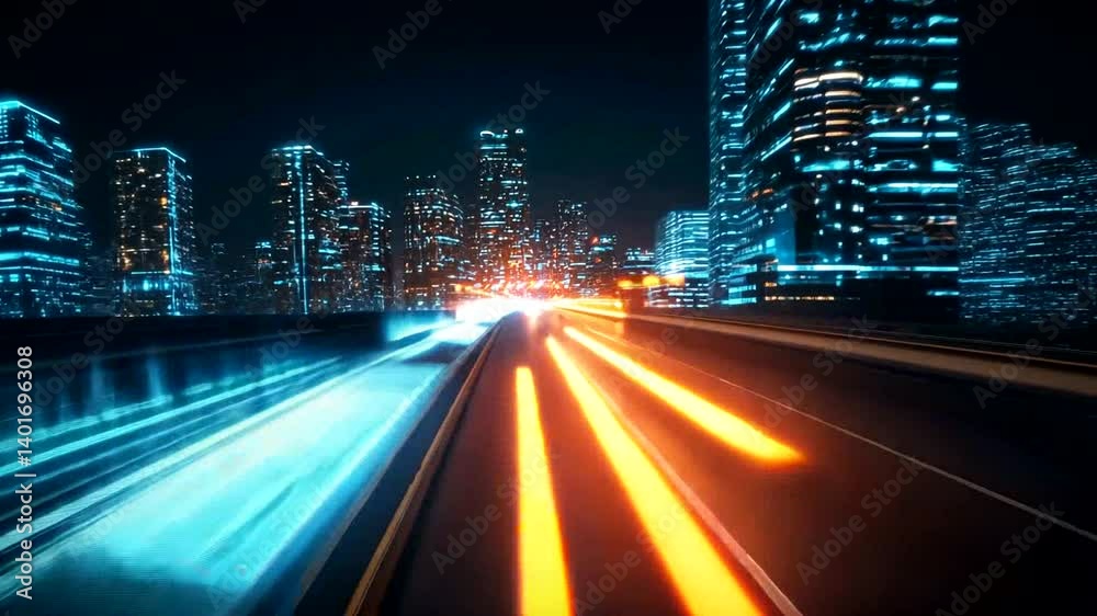 Urban nightlife captured in motion; blurred lights trace the road against a backdrop of illuminated buildings
