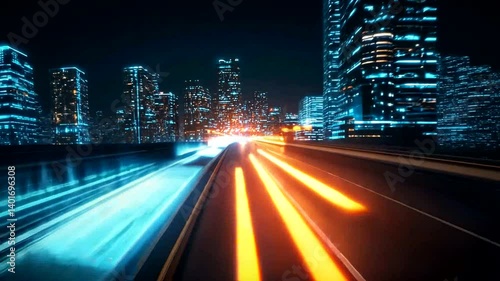 Urban nightlife captured in motion; blurred lights trace the road against a backdrop of illuminated buildings