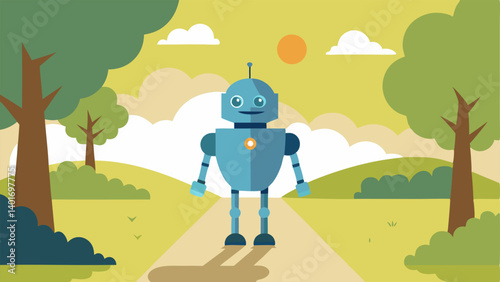 Morning Stroll The robot is casually walking down a park path a friendly demeanor displayed through a slight tilt of its head. The bird is nestled comfortably on its shoulder