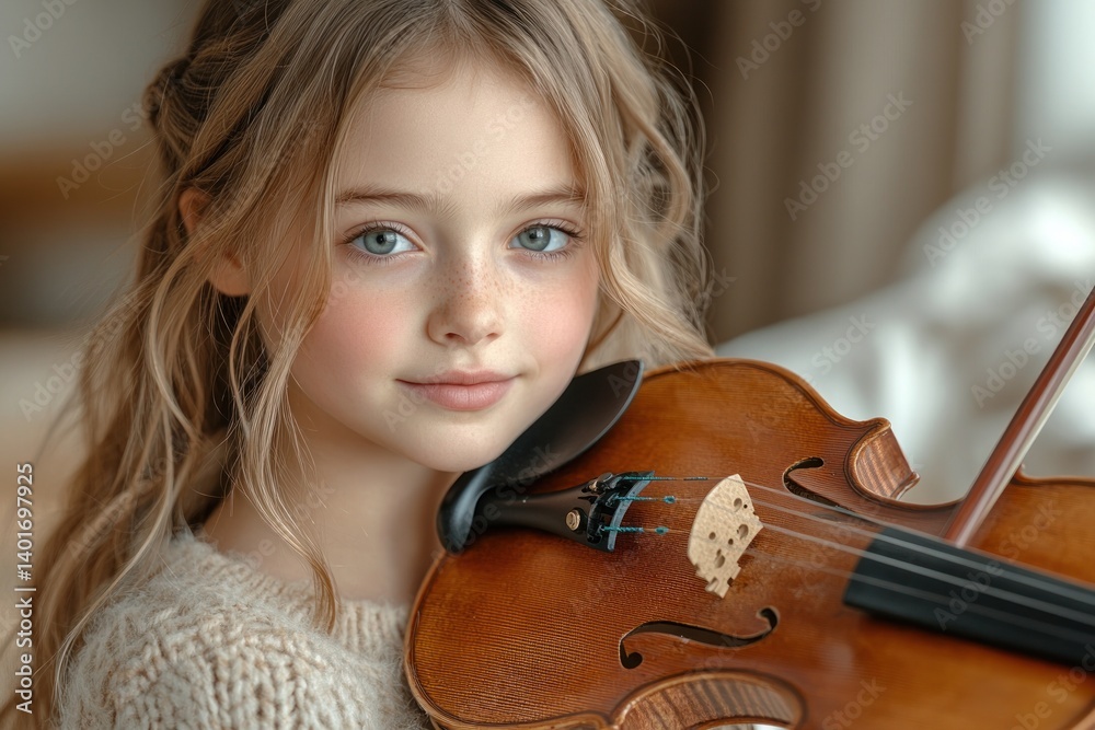 young girl playing violin joyfully in bright living room with blurred background young girl playing violin joyfully in bright living room with blurred background