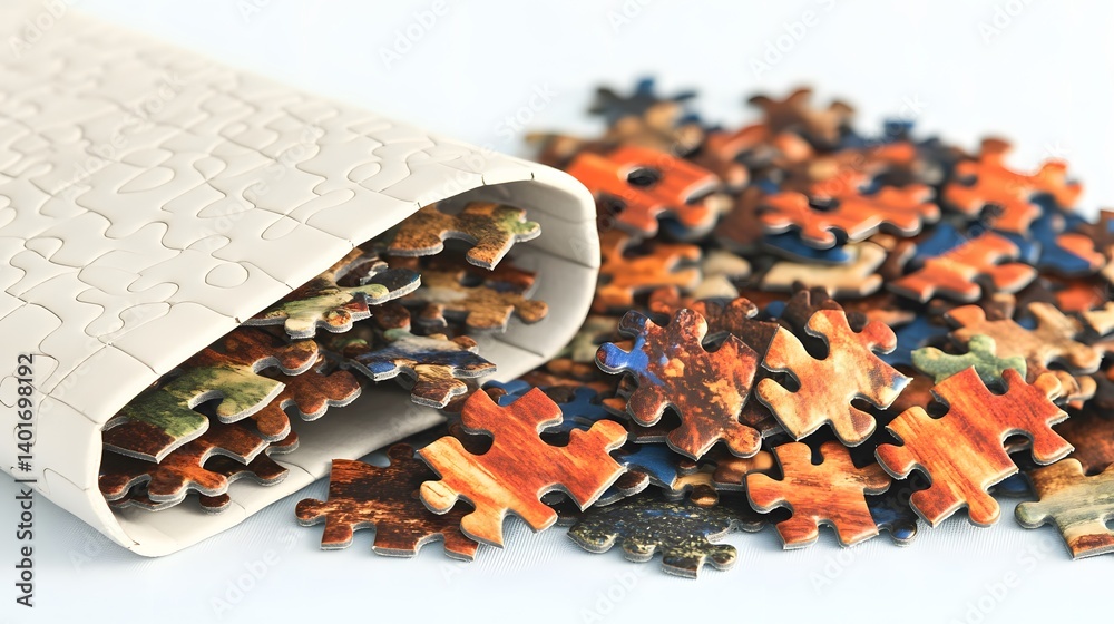 Scattered Jigsaw Puzzle Pieces Spilling from Bag Scattered Jigsaw Puzzle Pieces Spilling from Bag