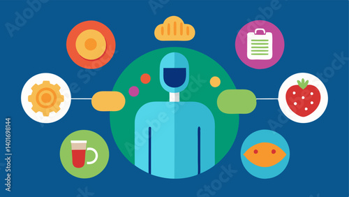 Nutrition Optimization A colorful plate of food surrounded by AI icons highlighting how artificial intelligence suggests meal plans and dietary changes based on a persons health