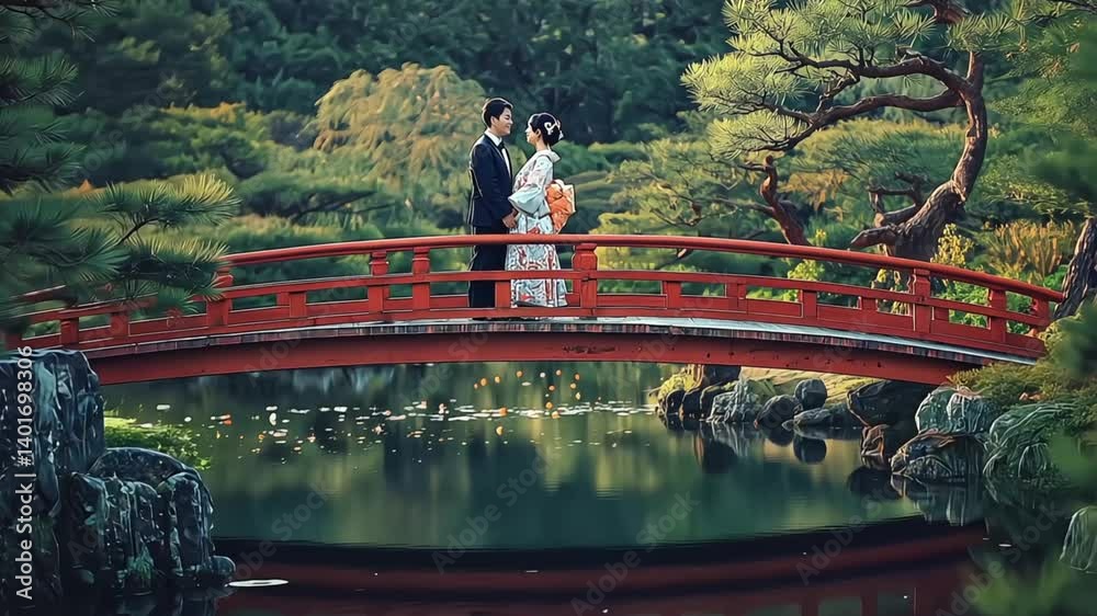 Romantic Japanese Red Bridge Scene