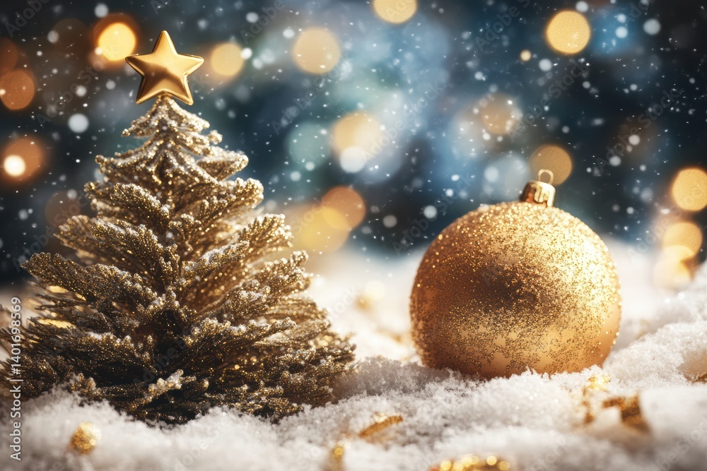 Two Christmas ornaments rest in the snow beside a decorated tree. Two Christmas ornaments rest in the snow beside a decorated tree.