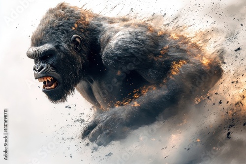 Aggressive gorilla muscular beast on white background
