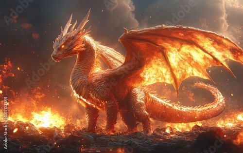 Fantasy Art Illustration of Majestic Dragon with Wings Open in Warm Dramatic Lighting Isolated on Dark Background
